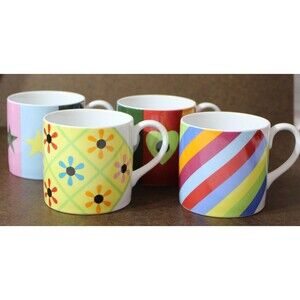 Vtg Swid Powell Gene Meyer Set of 4 Mugs Stars & Stripes / Post Modern Porcelain